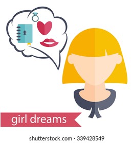 Flat design of a girl with hairstyle and icons of various women's accessories. Vector illustration