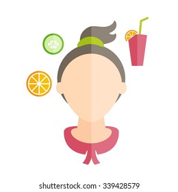 Flat design of a girl with hairstyle and icons of various women's accessories. Vector illustration