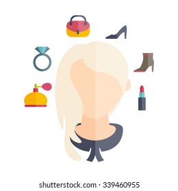 Flat design of a girl with hairstyle and icons of various women's accessories. Vector illustration