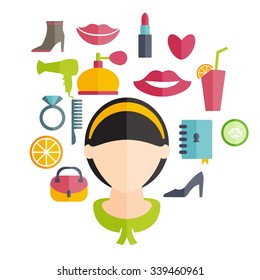 Flat design of a girl with hairstyle and icons of various women's accessories. Vector illustration