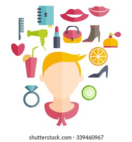 Flat design of a girl with hairstyle and icons of various women's accessories. Vector illustration
