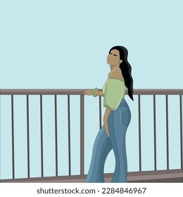 Flat design of girl holding a fence