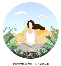 Flat design a girl meditates on desert background