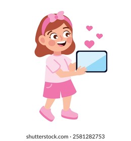 Flat design girl sending a love message on a tablet isolated vector illustration