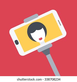 Flat design girl taking selfie with monopod.