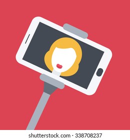 Flat design girl taking selfie with monopod.