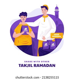 Flat design giving takjil Ramadan means sharing snacks with others to break the fast