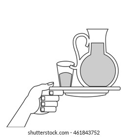 flat design glass pitcher and cup with liquid on plate icon vector illustration