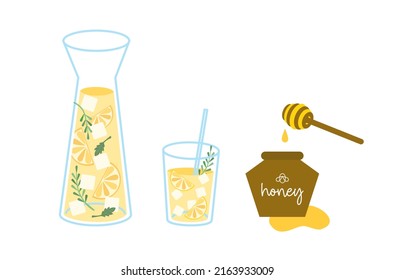 Flat design of a glass of refreshing lemonade vector, Summer organic lemonade drinks on white background, natural fresh fruit juice on white background, organic honey jar and iced lemonade vector.