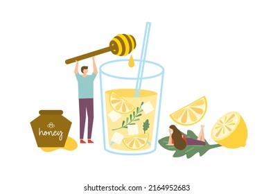 Flat design of a glass of refreshing lemonade vector, Summer organic lemonade drinks on white background, natural fresh fruit juice on white background, organic honey and iced lemonade vector.