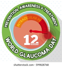 Flat design for Glaucoma Day with round button and eyeball silhouette like manometer showing that the intraocular pressure rising is a risk factor for this disease.