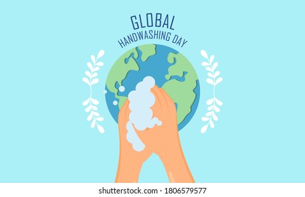 Flat design global handwashing day background with hands and globe illustration