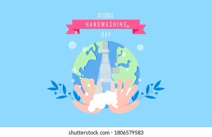 Flat design global handwashing day background with hands and globe illustration