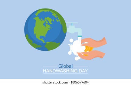 Flat design global handwashing day background with hands and globe illustration