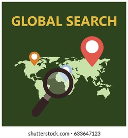 Flat design global search icon with pin symbols and search icon. flat style icon for web and business. vector illustration.