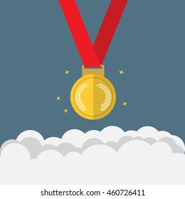 Flat design of gold medal over the cloud background that show the concept of success in business vector background design