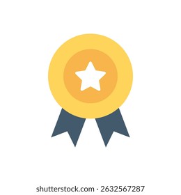 Flat design gold medal with a white star in the center and blue ribbons hanging below. Symbol of achievement, award, recognition, and excellence. Ideal for certificates and success visuals.
