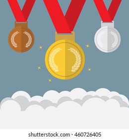 Flat design of gold silver and bronze medals over the cloud background that show the concept of success in business vector background design
