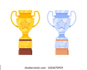 Flat design of gold and silver trophy cup isolated on white. Vector illustration
