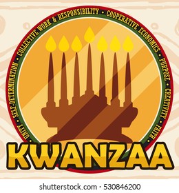 Flat design with golden round button with kinara and the Seven Principles (Nguzo Saba) of Kwanzaa celebration around it with tribal background.