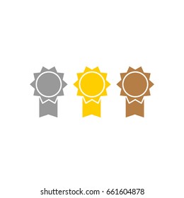 Flat design Golden, silver and bronze ribbon medals. Prize icons.