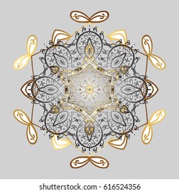 Flat design of golden snowflakes isolated on gray background. Doodles winter pattern. Vector snowflakes background. Snowflakes pattern.