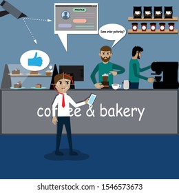 Flat design of good customer experience concept,The owner using big data for make the great customer’s experience,Vector Illustration