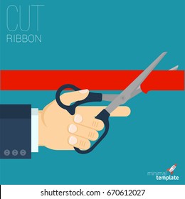 Flat design grand opening retro style vector illustration template. Red ribbon cutting scissors icon.