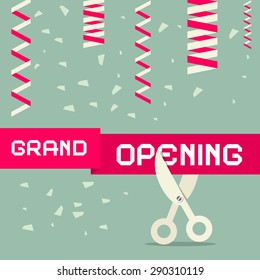 Flat Design Grand Opening Vector Illustration with Confetti and Scissors