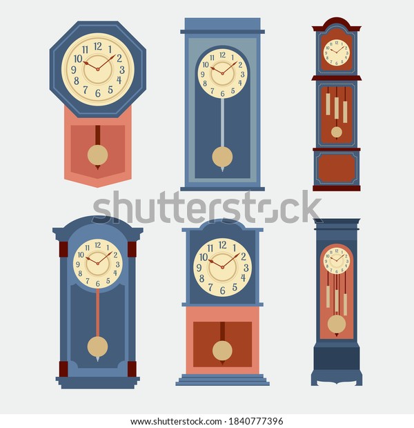 Flat Design Grandfather Pendulum Clock Icon\
Set Vector Illustration.