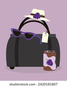 Flat Design Grape Illustration with Vintage Bag, Sunglasses, Hat, Sale Tag,Juice	