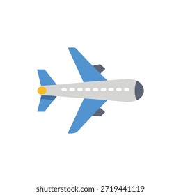 Gráfico de diseño plano de un avión con alas azules sobre un fondo blanco. Estilo minimalista con líneas limpias.
