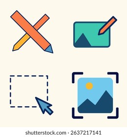 Flat Design Graphic Editing Icons Including Pencil Tool, Image Frame, Selection Box, and Drawing Elements