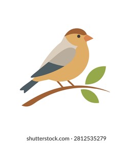A flat design graphic featuring a cute small bird with soft colors sitting on a curved branch with two green leaves against a plain white background