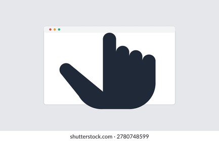 Flat design graphic featuring a large black hand icon interacting with a simple white operating system web browser window interface.