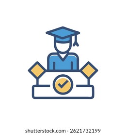 Flat design graphic featuring a student in graduation cap presenting thesis approved by a check mark symbol.