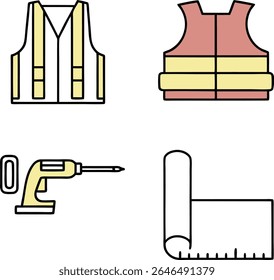 A flat design graphic featuring three distinct elements on a white background. On the left, a yellow construction vest with vertical reflective stripes.  