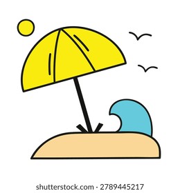 A flat design graphic featuring a yellow parasol standing on a sandy beach next to a stylized blue ocean wave with a sun and birds in the background.