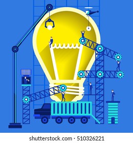 Flat design graphic present creative by lightbulb with build from device.Illustrate vector