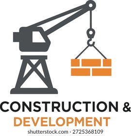 Un gráfico de diseño plano muestra una grúa de torre gris que levanta una carga de ladrillos naranjas. 
