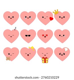 Flat design graphic of twelve pink heart characters with various facial expressions showing diverse feelings like happiness love and sadness.