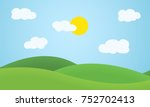 Flat design grass landscape with hills, clouds and glowing sun under blue sky - vector