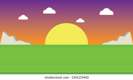 Flat design grass landscape with hills, clouds and glowing sun under orange sky - vector