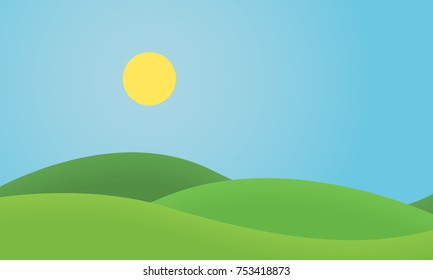 Flat design grass landscape with hills and glowing sun under blue sky - vector