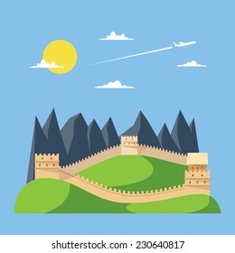 Flat Design Great Wall Of China Illustration Vector