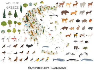 Diseño plano de la fauna griega. Animales, aves y elementos constructores de plantas aislados en conjunto blanco. Construya su propia colección de infografías geográficas. Ilustración del vector