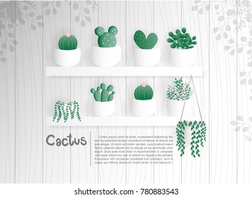 Flat design green cactus on a white plank hanging on a wooden white wall.  Vector illustration. 