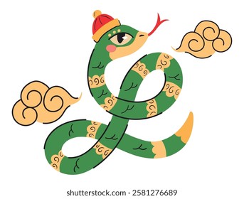 Flat design green Chinese snake with golden ornaments isolated vector illustration