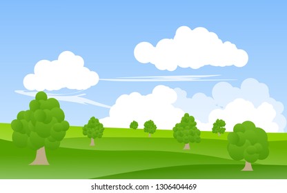 flat design green field landscape with cloudy sky vector