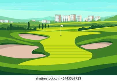 Flat Design of Green Golf Field Course with Cityscape in Bright Day